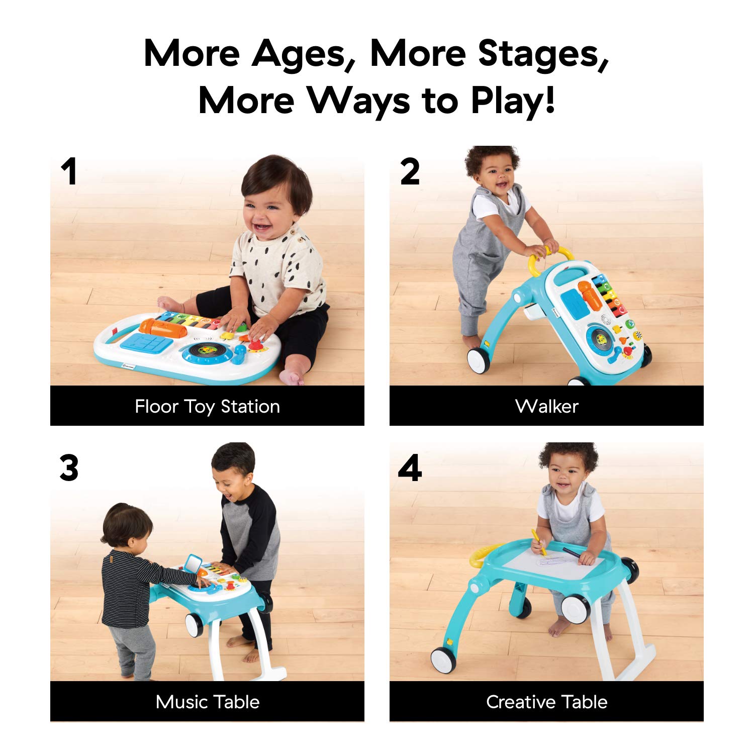 Kids2 Baby Einstein Musical Mix ‘N Roll 4-in-1 Push Walker, Activity Center, Toddler Table and Floor -Toy