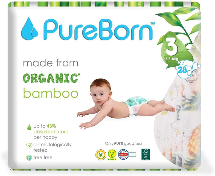 Pure Born Organic Bamboo Diapers #3 28's