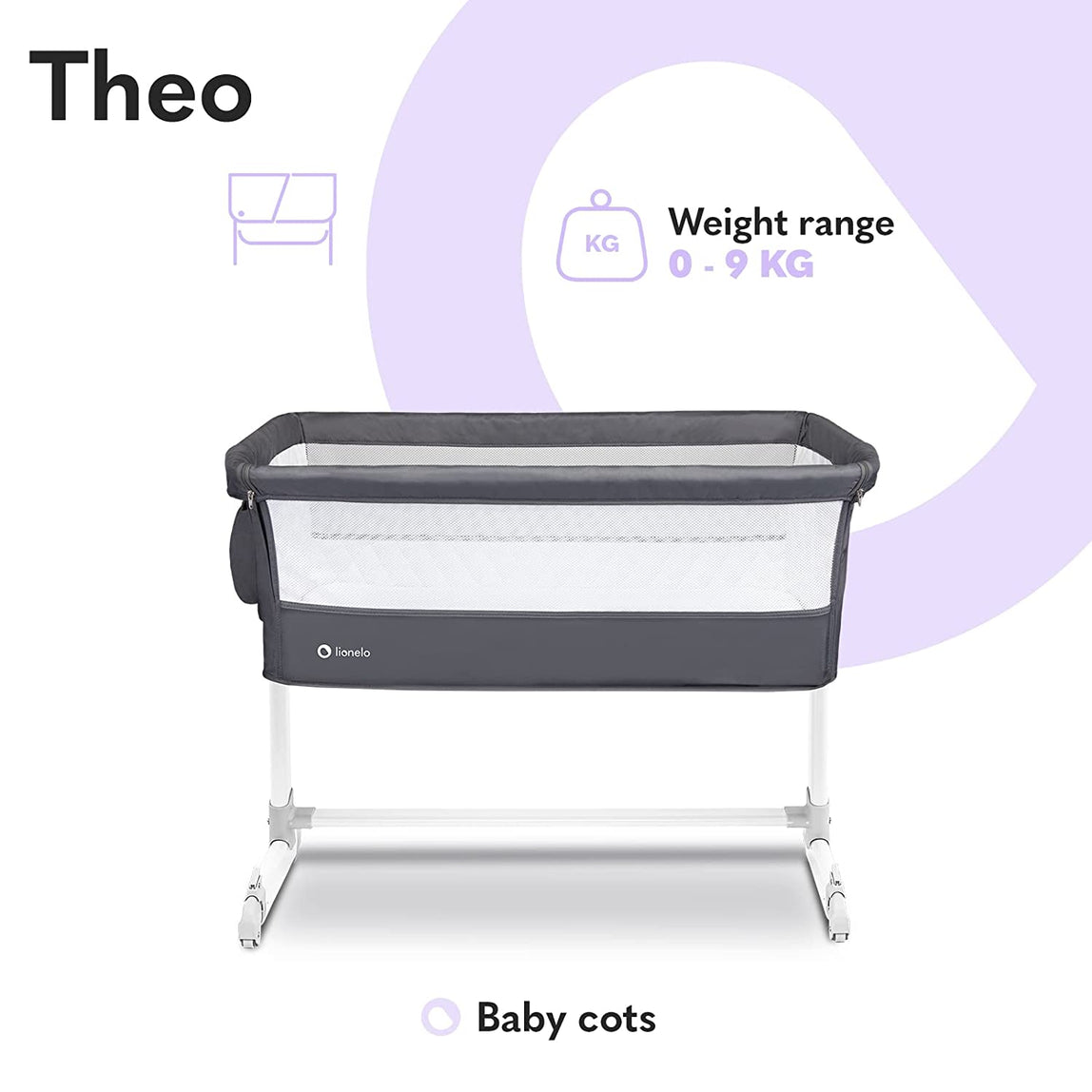 Lionelo Theo Adjustable Bedside Cot - Dark Grey - MamaApp