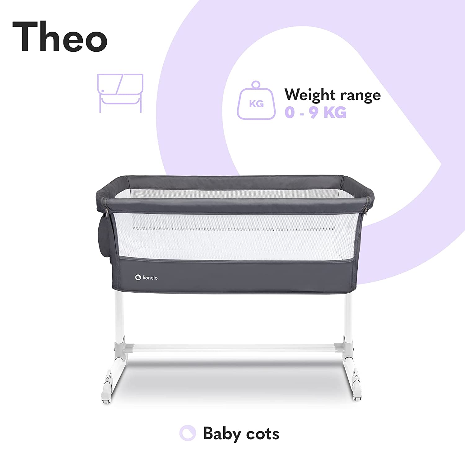 Lionelo Theo Adjustable Bedside Cot - Dark Grey