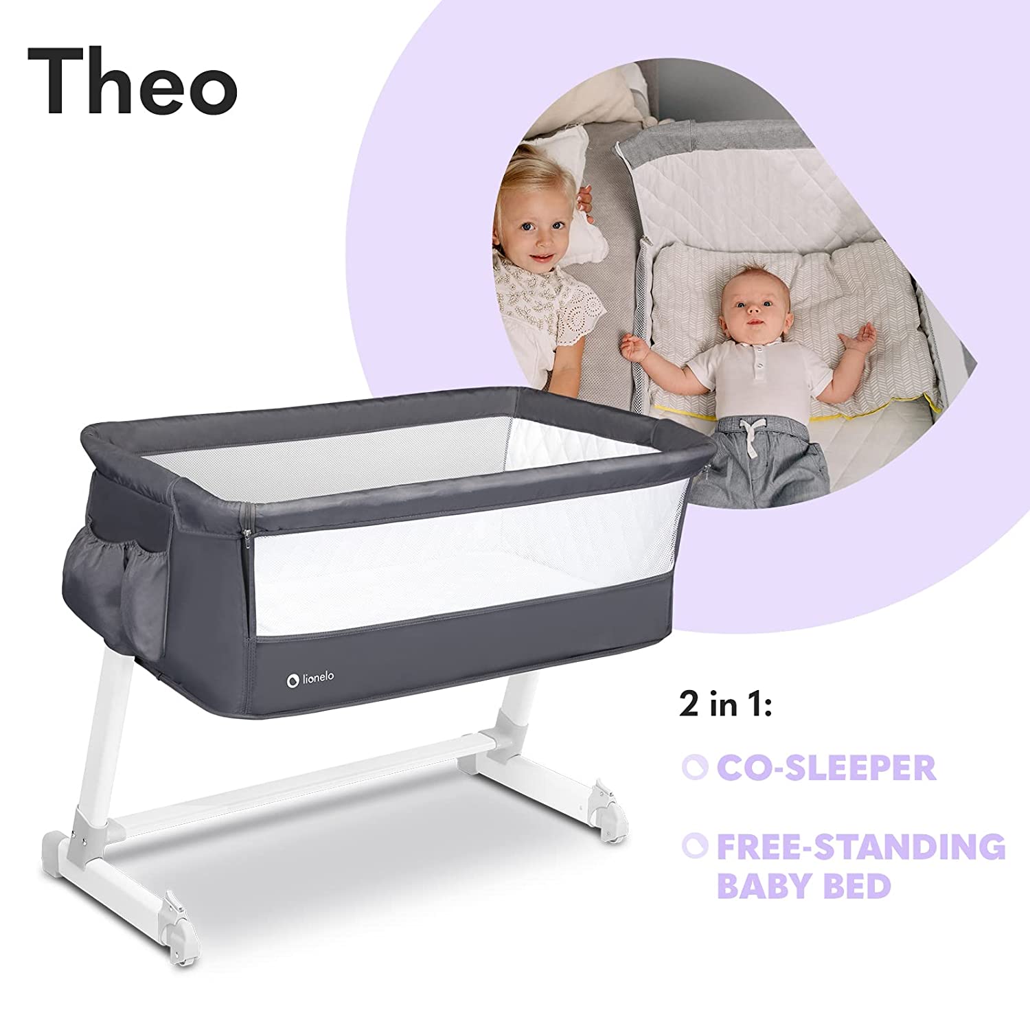 Lionelo Theo Adjustable Bedside Cot - Dark Grey