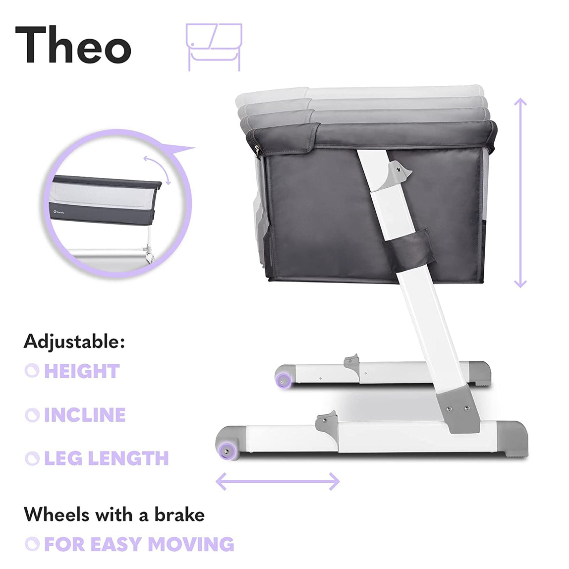 Lionelo Theo Adjustable Bedside Cot - Dark Grey - MamaApp
