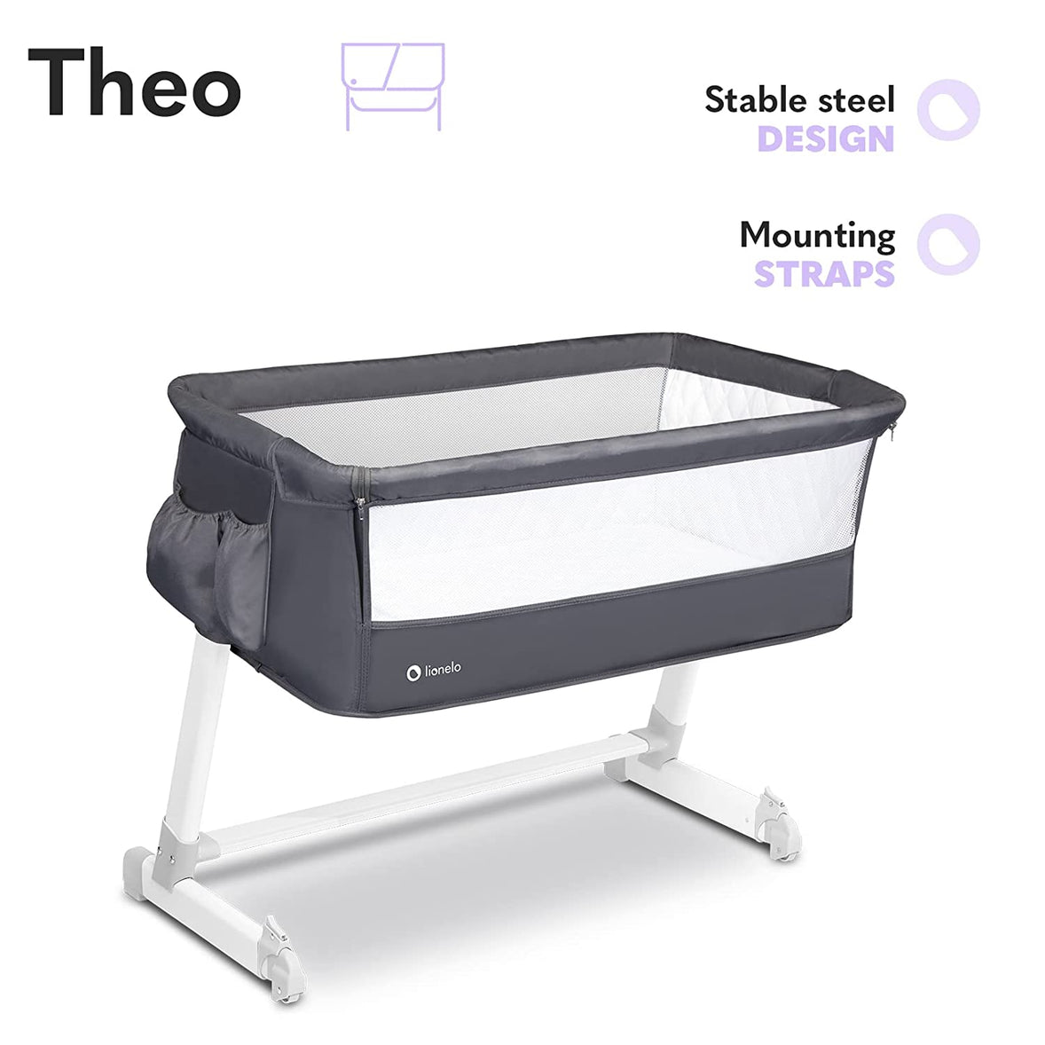 Lionelo Theo Adjustable Bedside Cot - Dark Grey