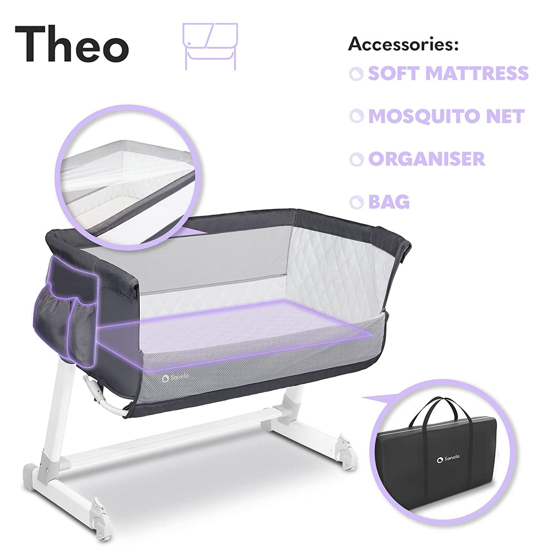 Lionelo Theo Adjustable Bedside Cot - Dark Grey - MamaApp