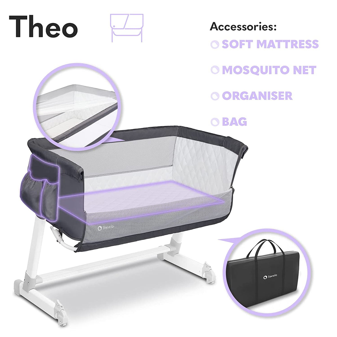 Lionelo Theo Adjustable Bedside Cot - Dark Grey