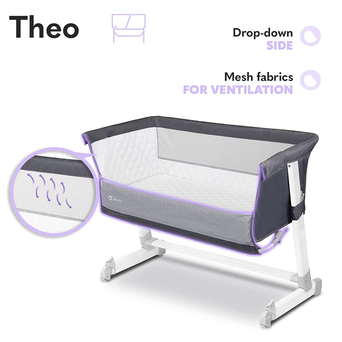 Lionelo Theo Adjustable Bedside Cot - Dark Grey