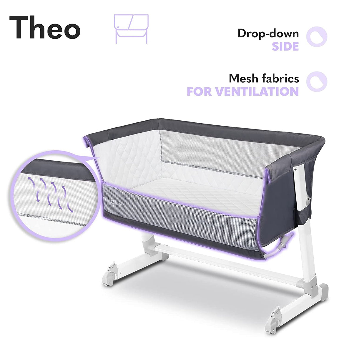 Lionelo Theo Adjustable Bedside Cot - Dark Grey