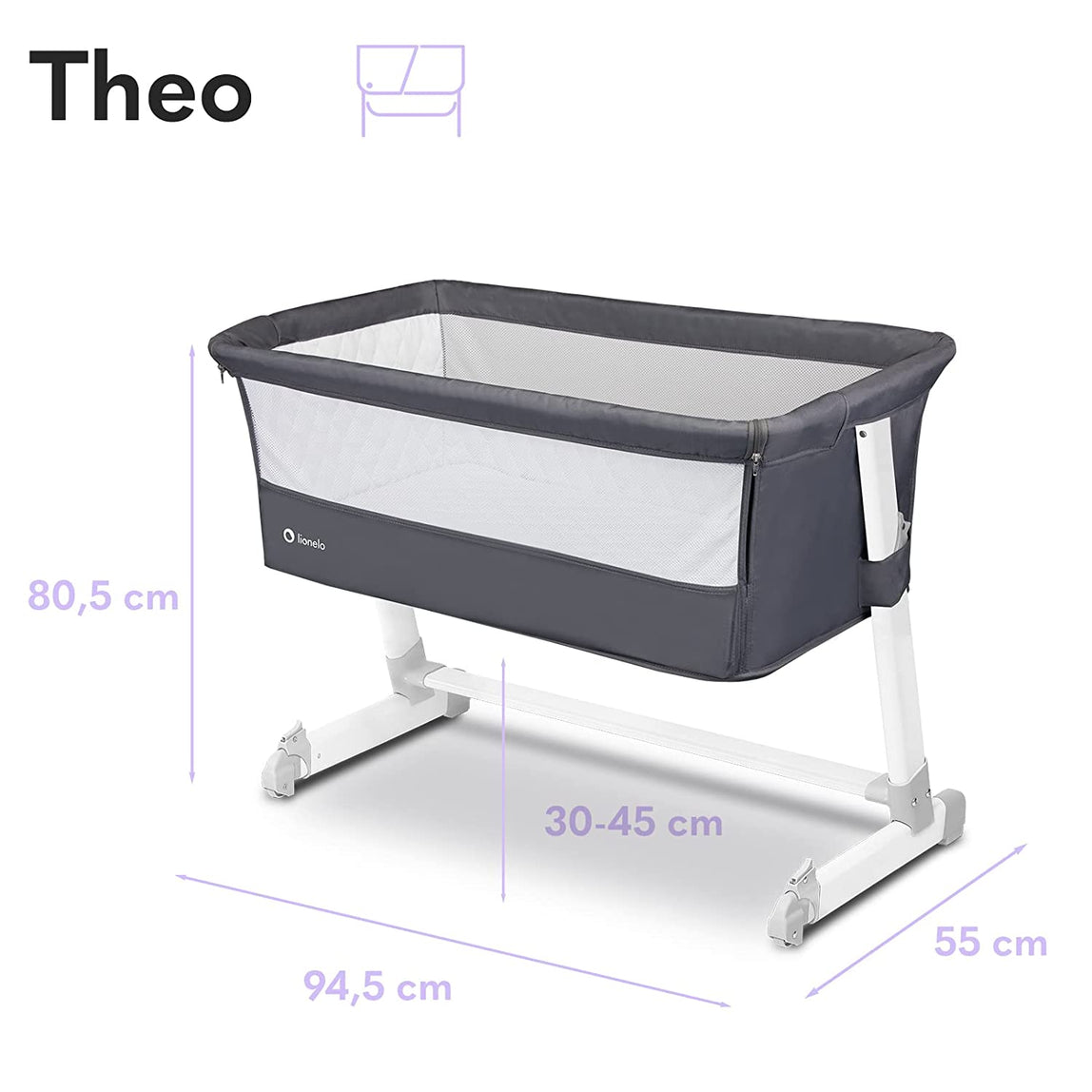 Lionelo Theo Adjustable Bedside Cot - Dark Grey - MamaApp