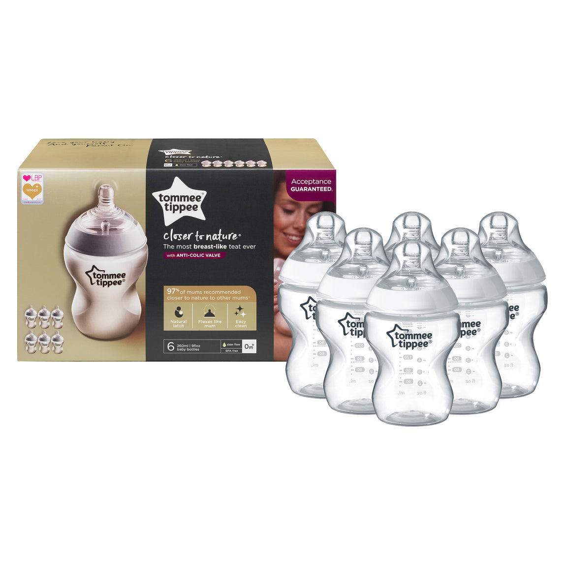 Tommee Tippee Closer to Nature Feeding Bottle, 260ml x 6  - Clear - MamaApp